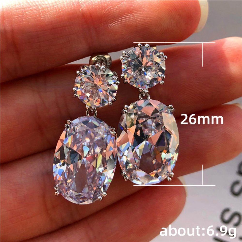 NEW Silver Round Oval Diamond Drop Earrings - Picture 2 of 2